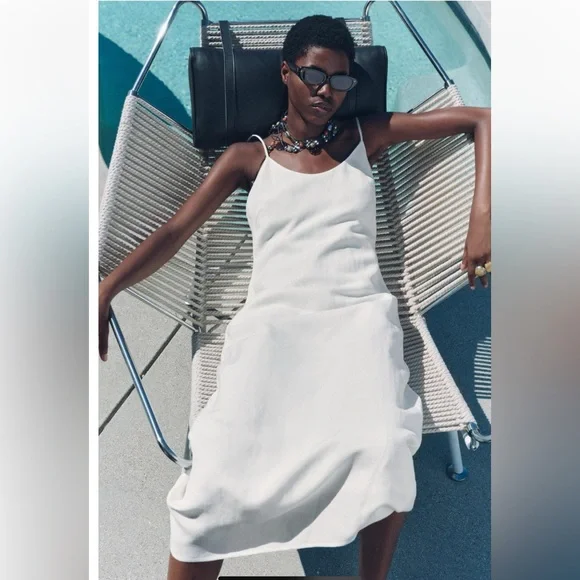 Zara White Linen Blend A-Line Midi Dress Round neckline strap ZW Cotton S NWT - Picture 4 of 16